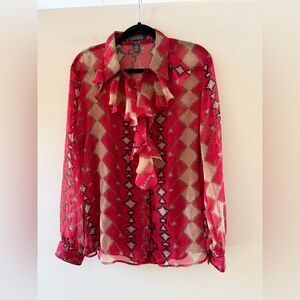 Ralph Lauren Sheer Vibrant Red and Tan Geometric Pattern Blouse With Tank